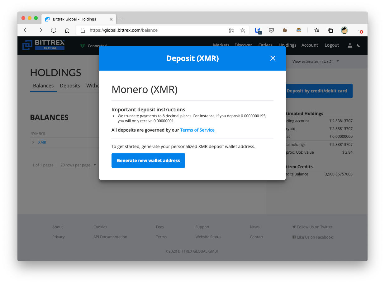 Depot de Monero sur Bittrex